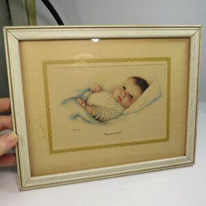 Baby Lithograph Print "Heaven Sent" in Vintage Org. Chippy Wood Frame Boho